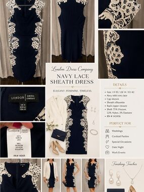 Navy Midi Sheath Dress with Ivory Lace